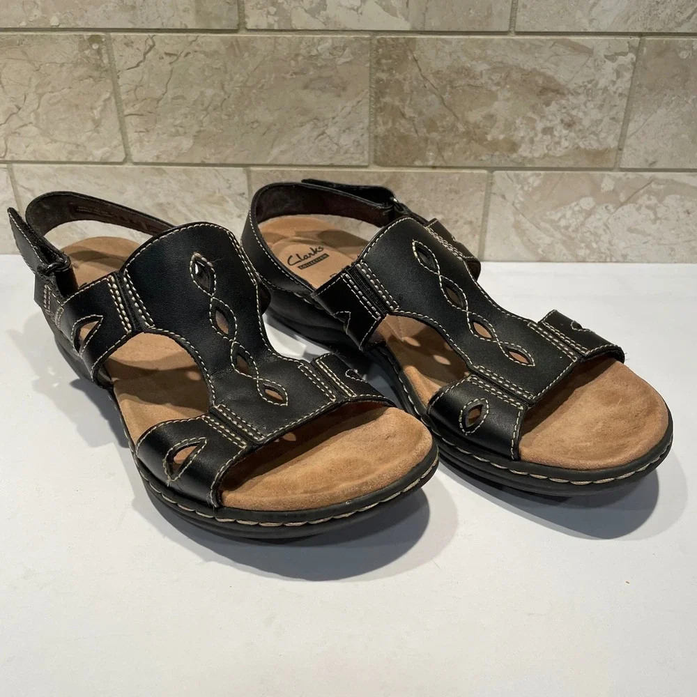 Clarks Collection Leisa Lakelyn Black Leather Strappy‎ Slingback Sandals 8.5M